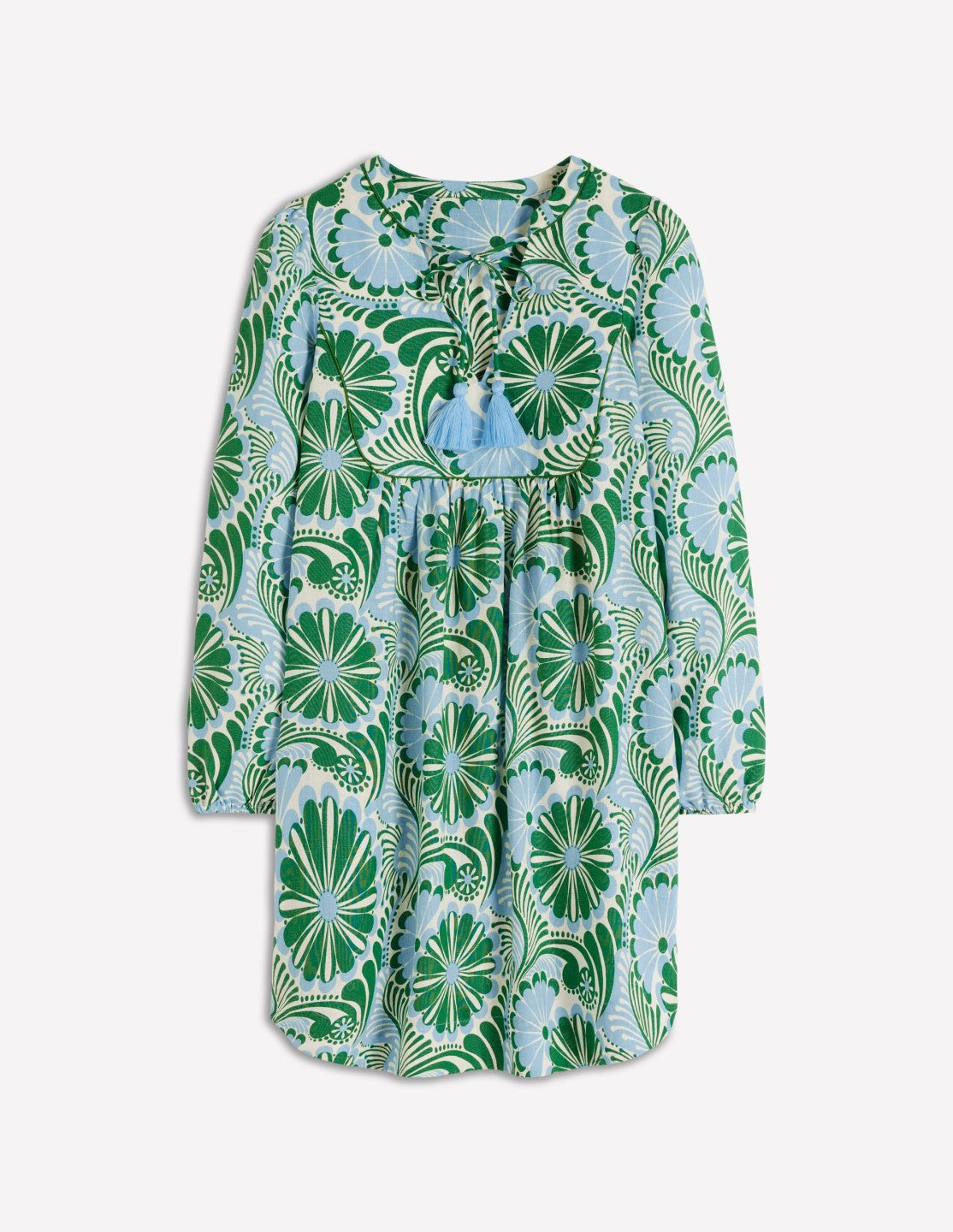 Pia Linen Yoke Tassel Dress-Blue Euphoric Garden / Boden Outlet