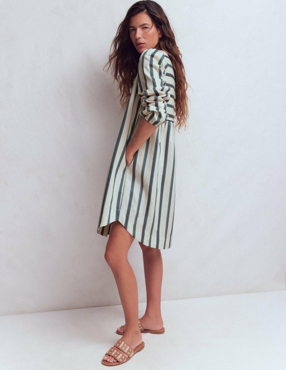 Pia Cotton Yoke Dress-Blue Stripe / Boden On sale