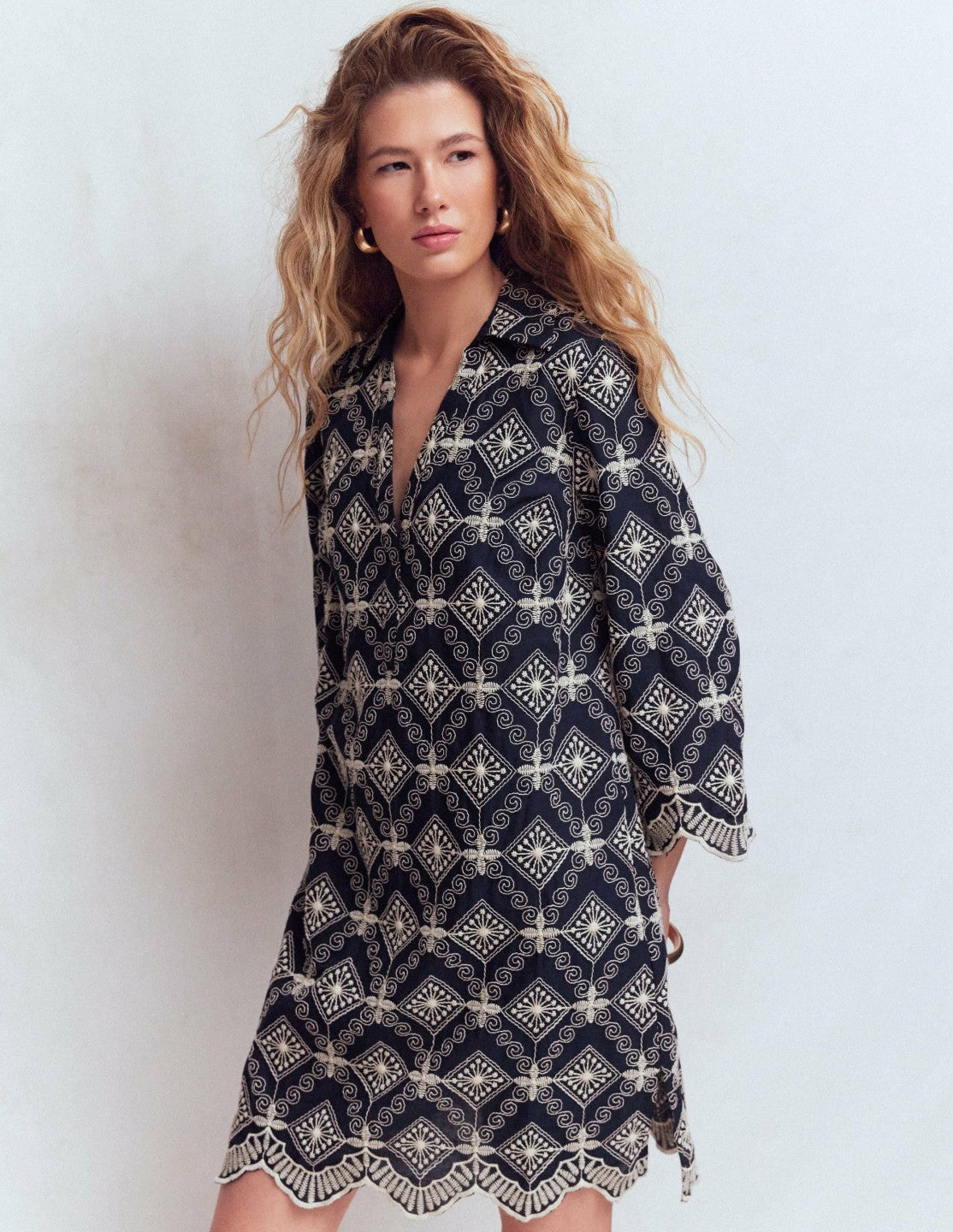 Carmen Broderie Short Dress-Navy Broderie / Boden