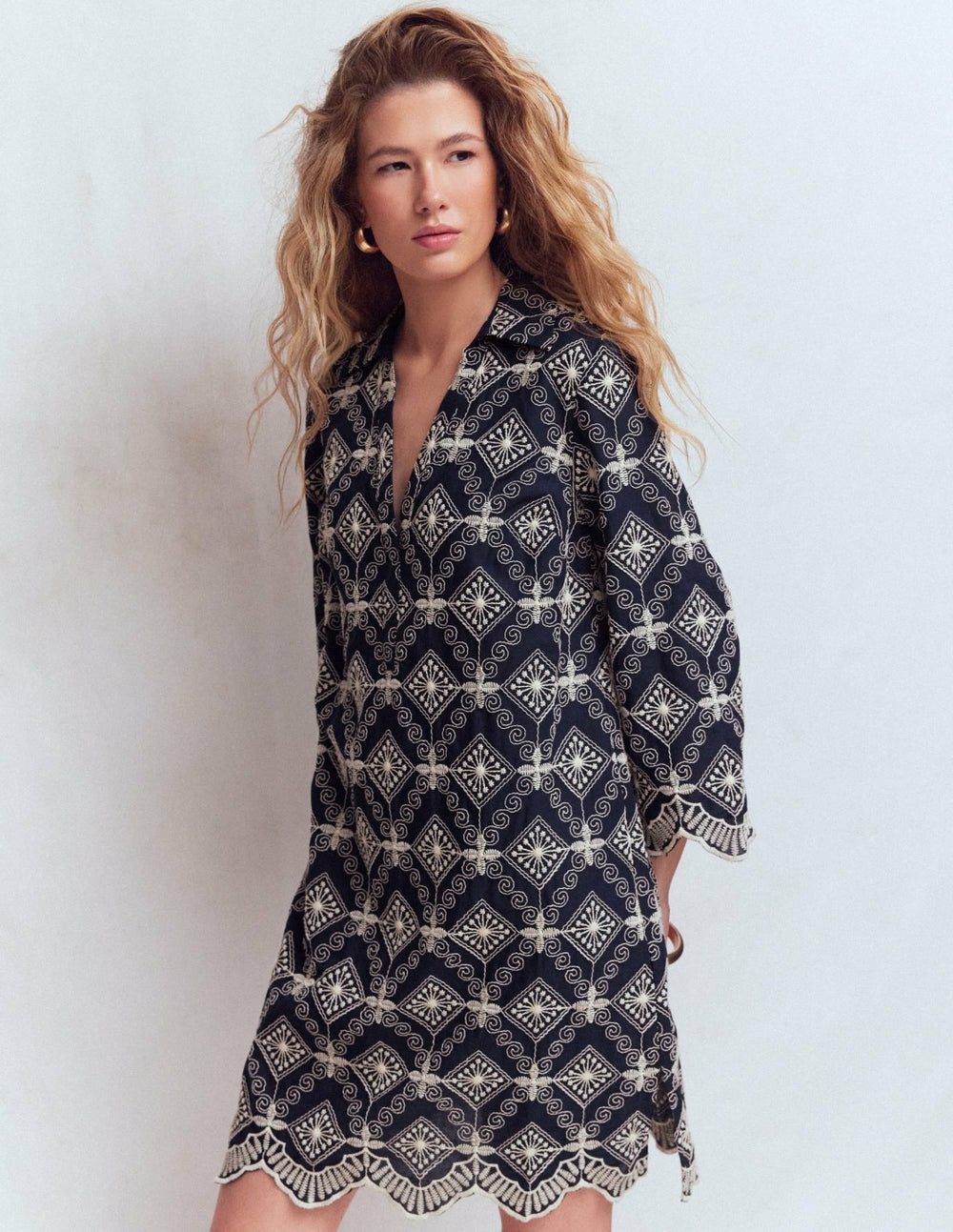Carmen Broderie Short Dress-Navy Broderie / Boden
