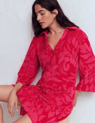 Short Collared Towelling Dress-Merida Red, Ornamental Foliage / Boden Outlet