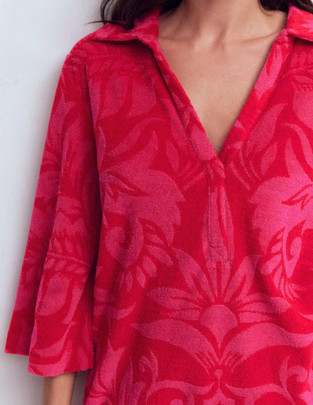 Short Collared Towelling Dress-Merida Red, Ornamental Foliage / Boden Outlet