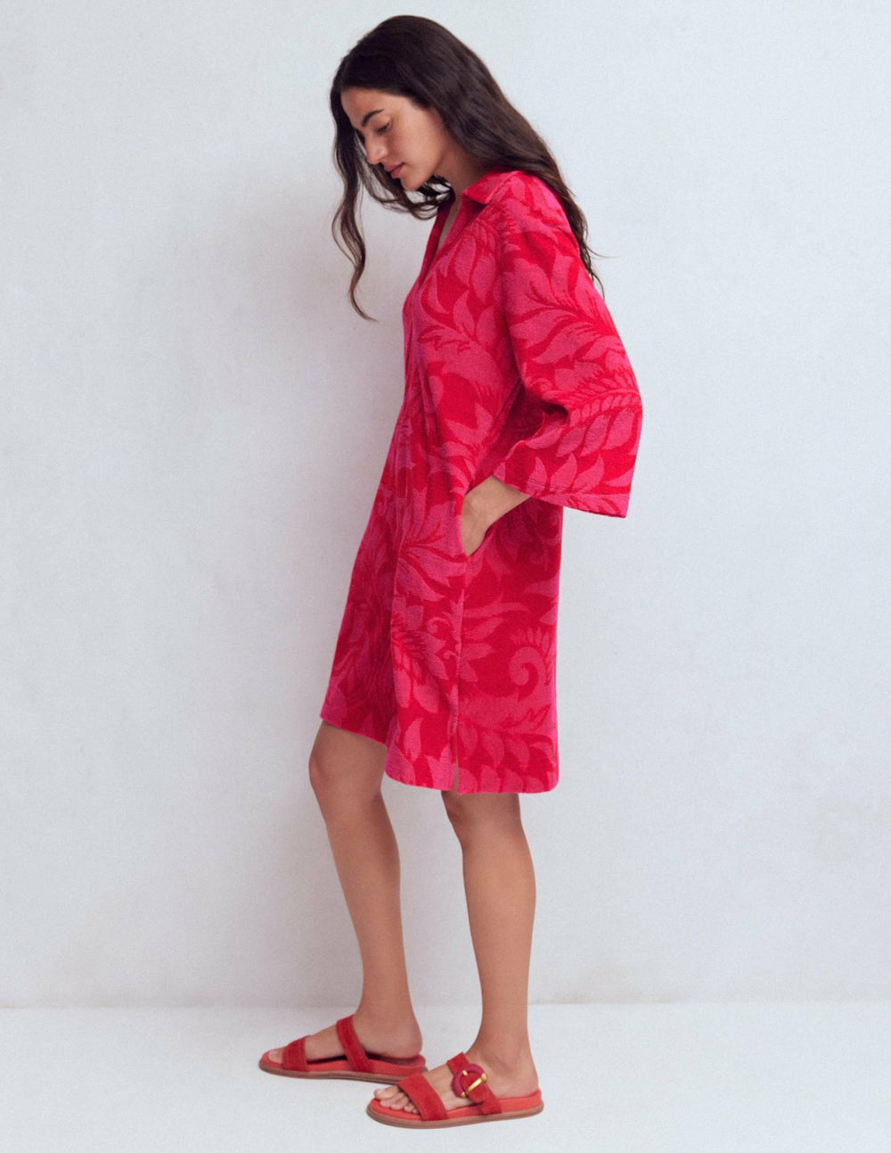 Short Collared Towelling Dress-Merida Red, Ornamental Foliage / Boden Outlet