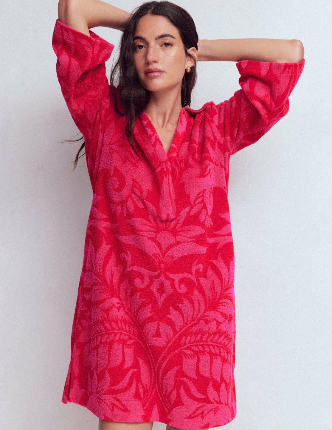 Short Collared Towelling Dress-Merida Red, Ornamental Foliage / Boden Outlet