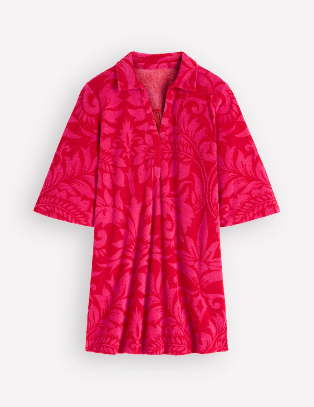 Short Collared Towelling Dress-Merida Red, Ornamental Foliage / Boden Outlet