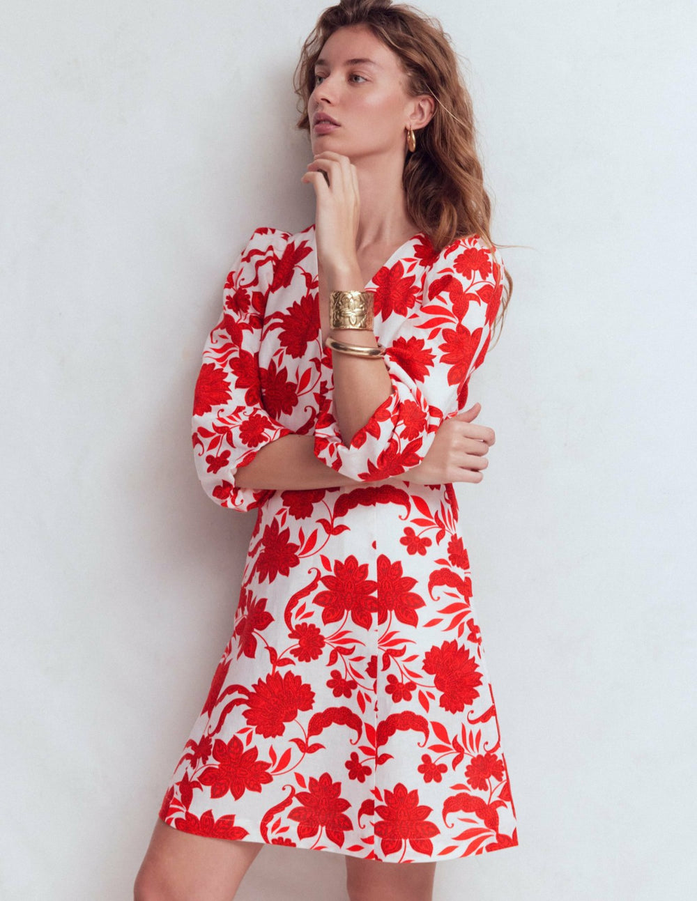 Marla Linen Blend Short Dress-Red Elegant Blossom / Boden us