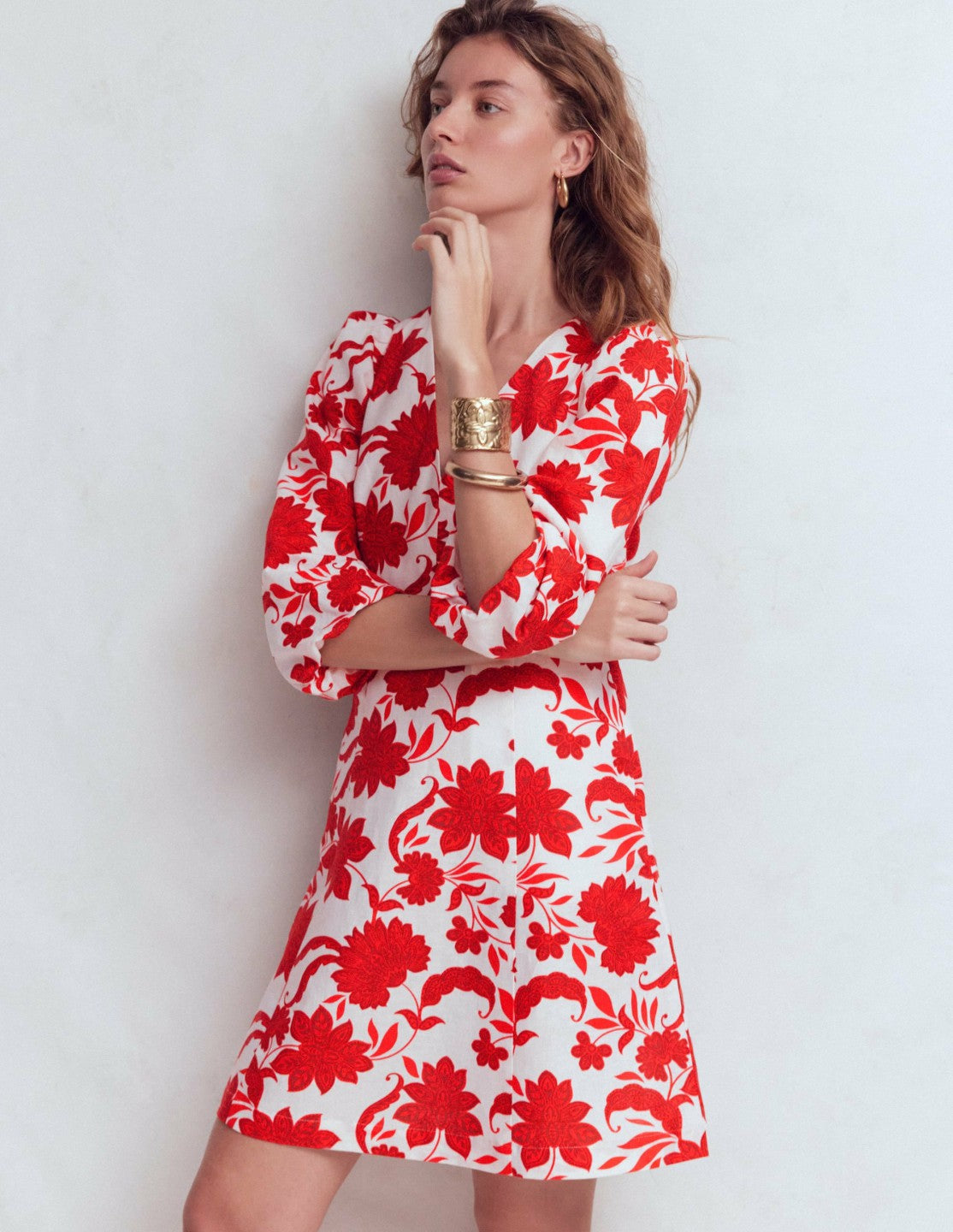 Marla Linen Blend Short Dress-Red Elegant Blossom / Boden us