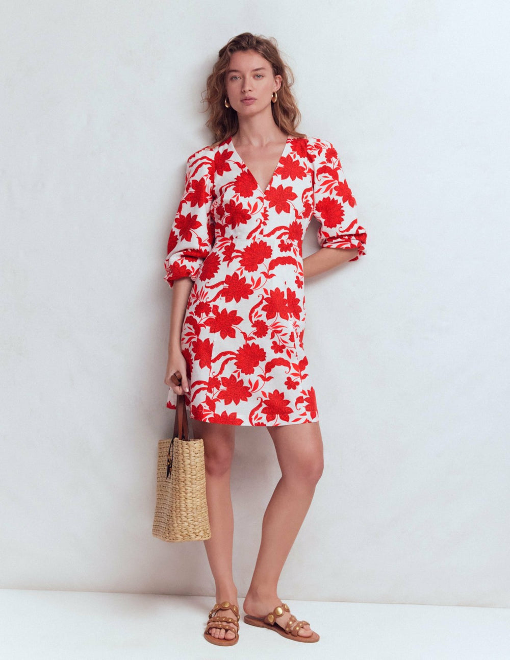 Marla Linen Blend Short Dress-Red Elegant Blossom / Boden us
