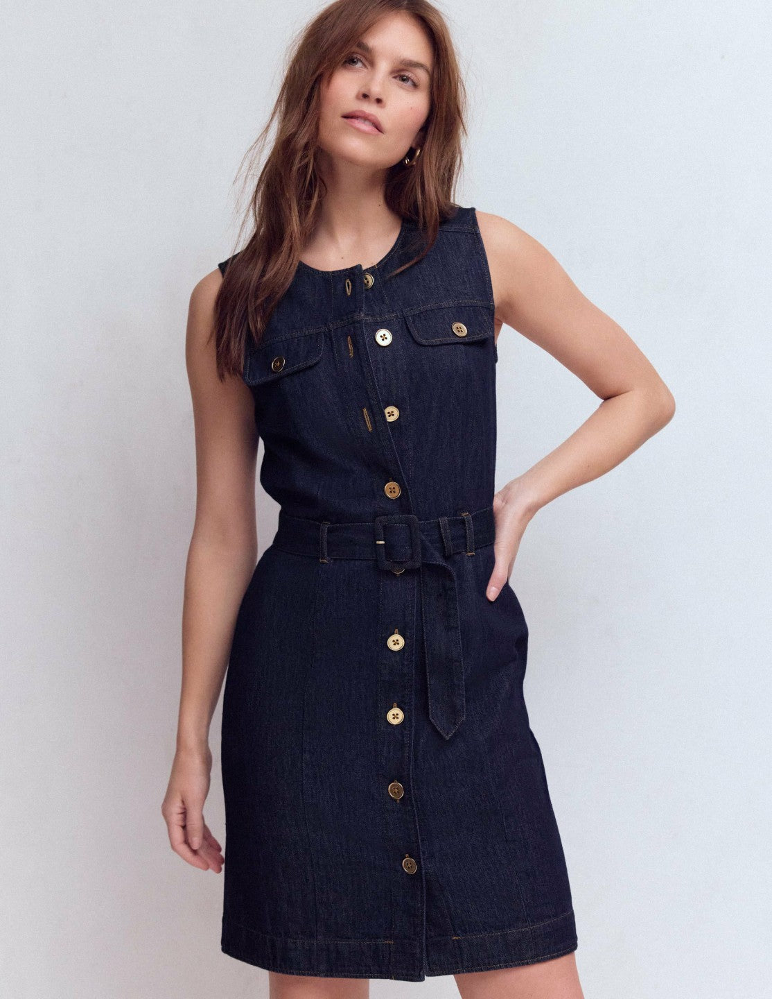 Short Gold Button Denim Dress-Indigo / Boden Sale
