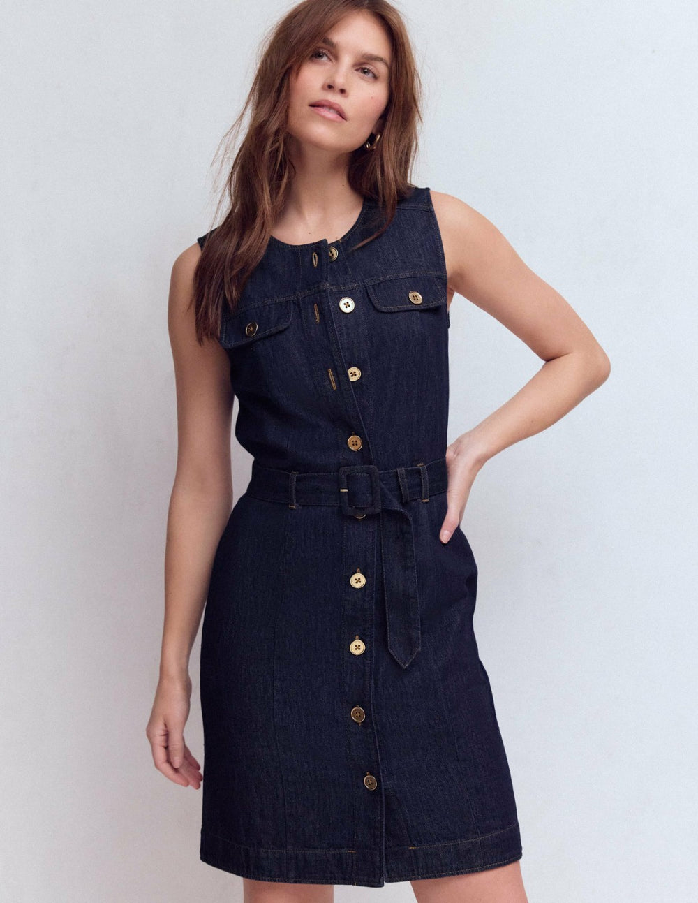 Short Gold Button Denim Dress-Indigo / Boden Sale