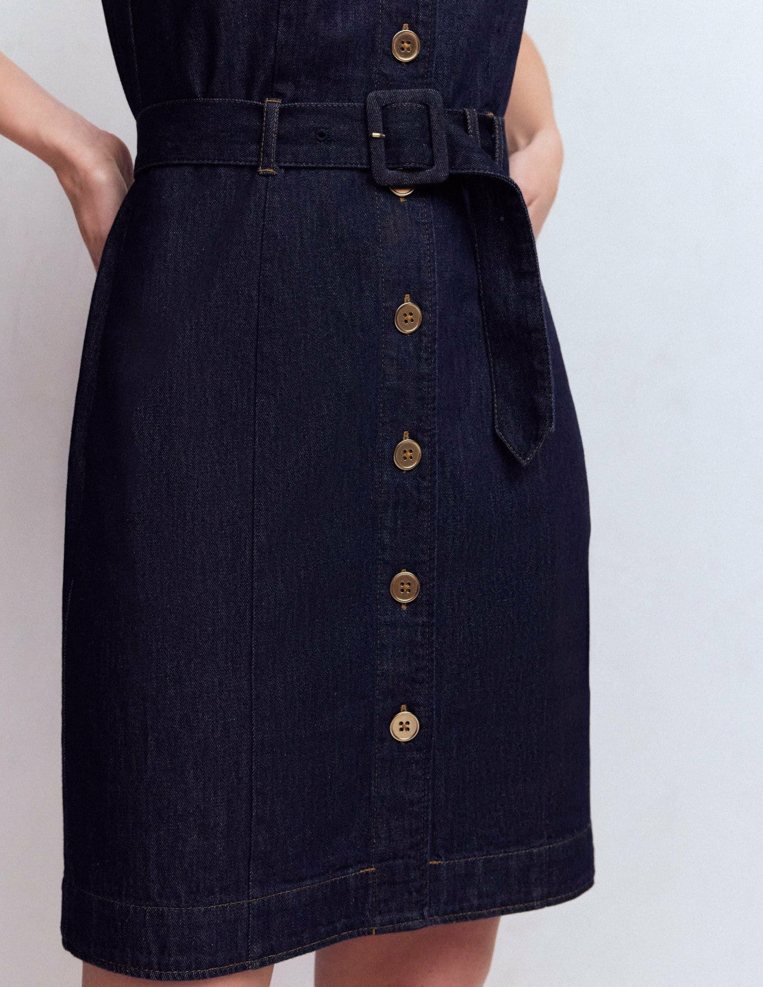 Short Gold Button Denim Dress-Indigo / Boden Sale