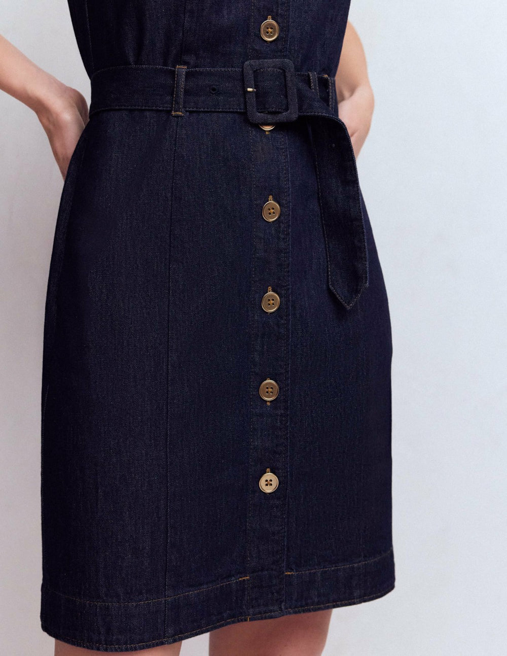 Short Gold Button Denim Dress-Indigo / Boden Sale