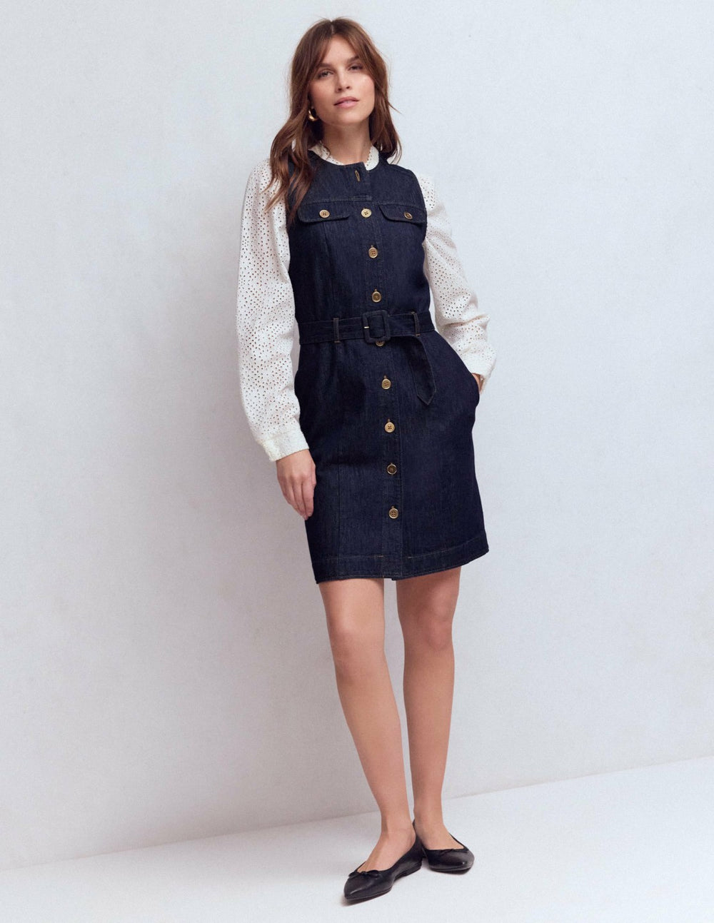 Short Gold Button Denim Dress-Indigo / Boden Sale