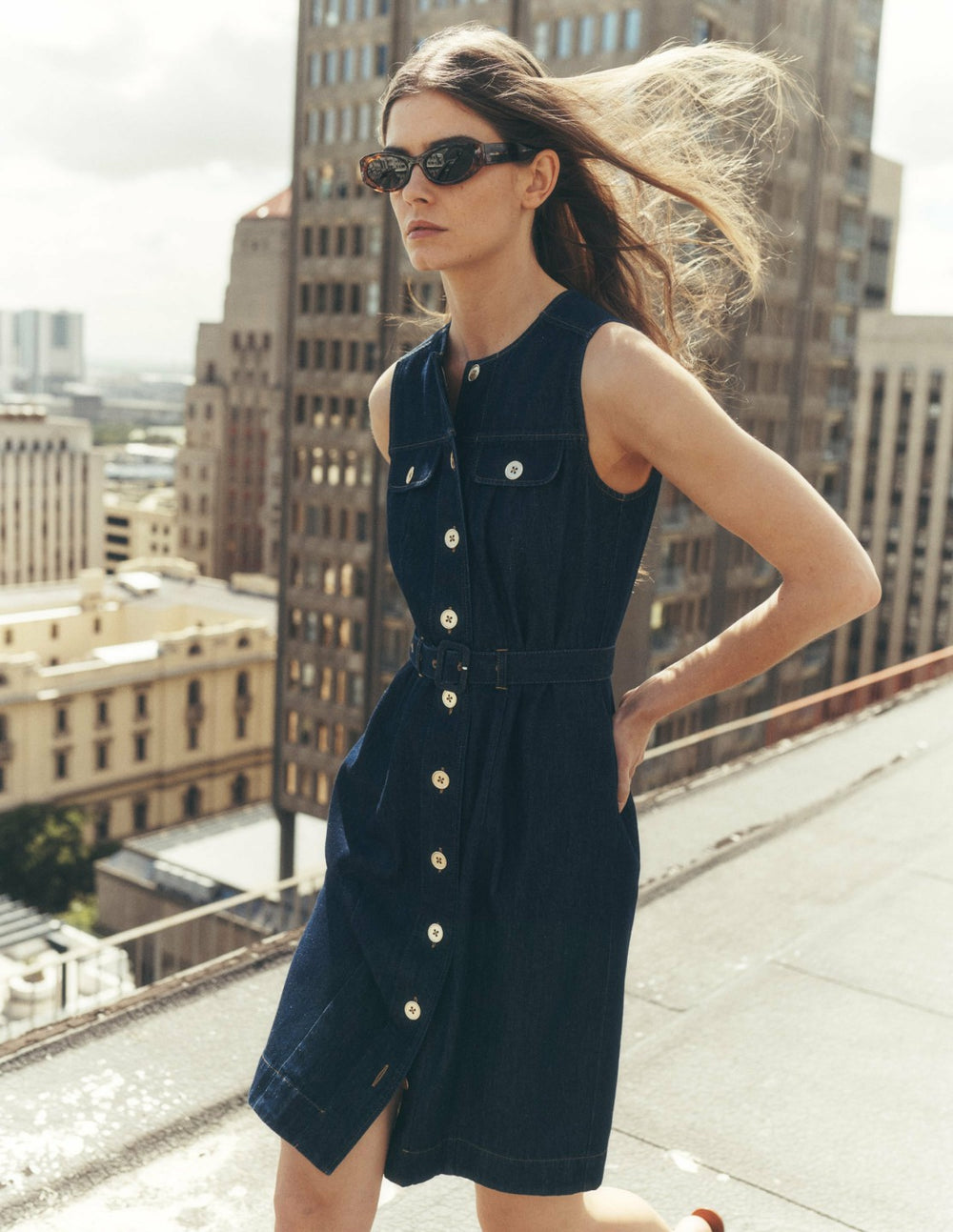 Short Gold Button Denim Dress-Indigo / Boden Sale