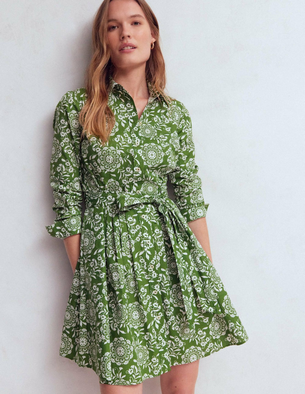 Alexa Long Sleeve Short Dress-Green, Decorative Blossom / Boden Outlet