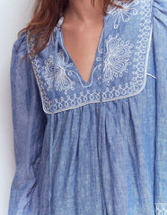 Pia Linen Yoke Tassel Dress-Chambray Embroidery / Boden Discount