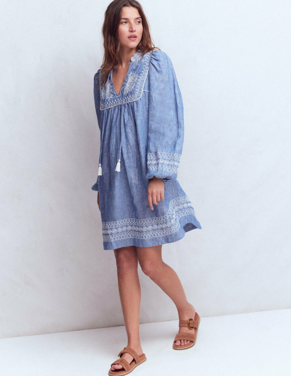 Pia Linen Yoke Tassel Dress-Chambray Embroidery / Boden Discount