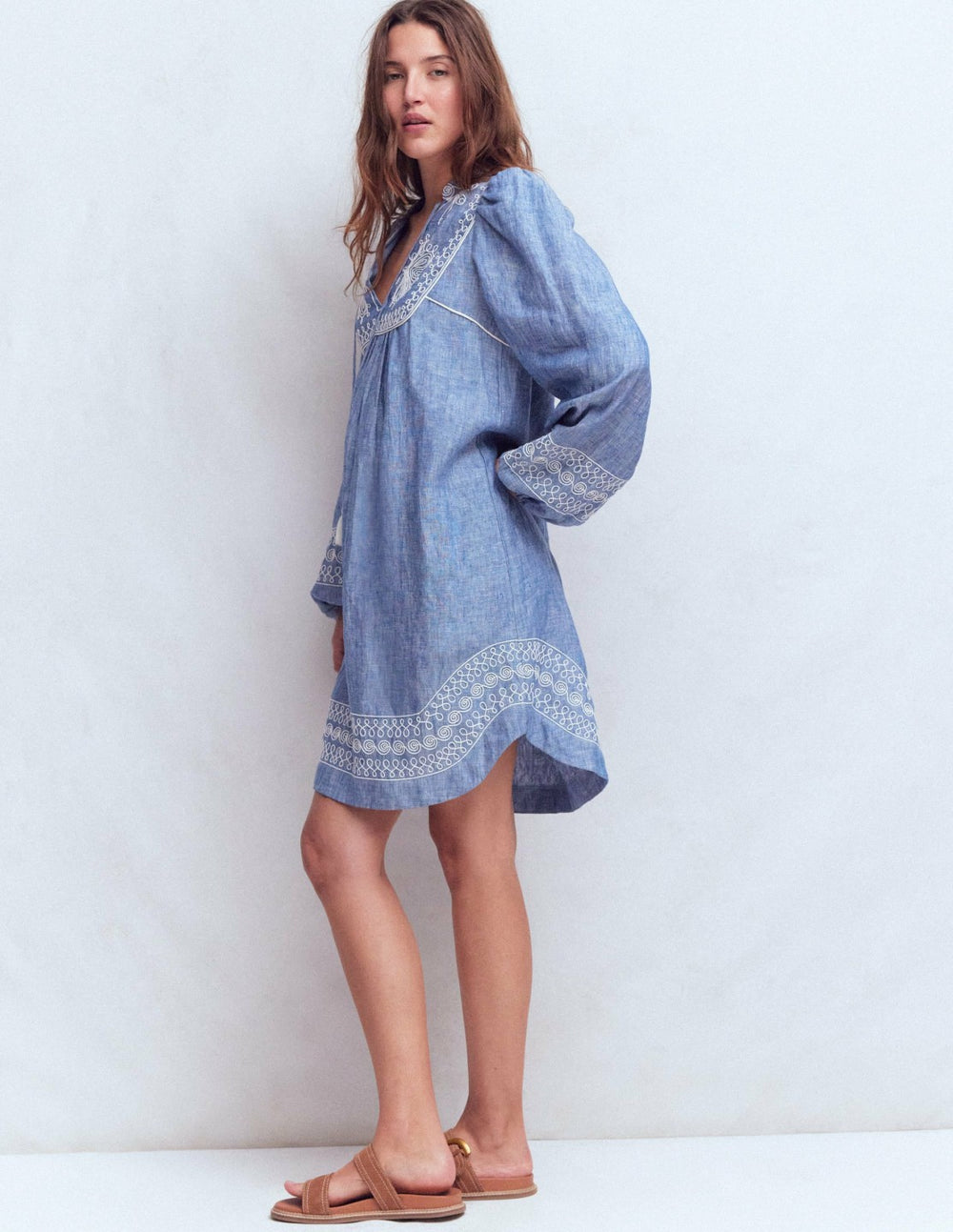 Pia Linen Yoke Tassel Dress-Chambray Embroidery / Boden Discount