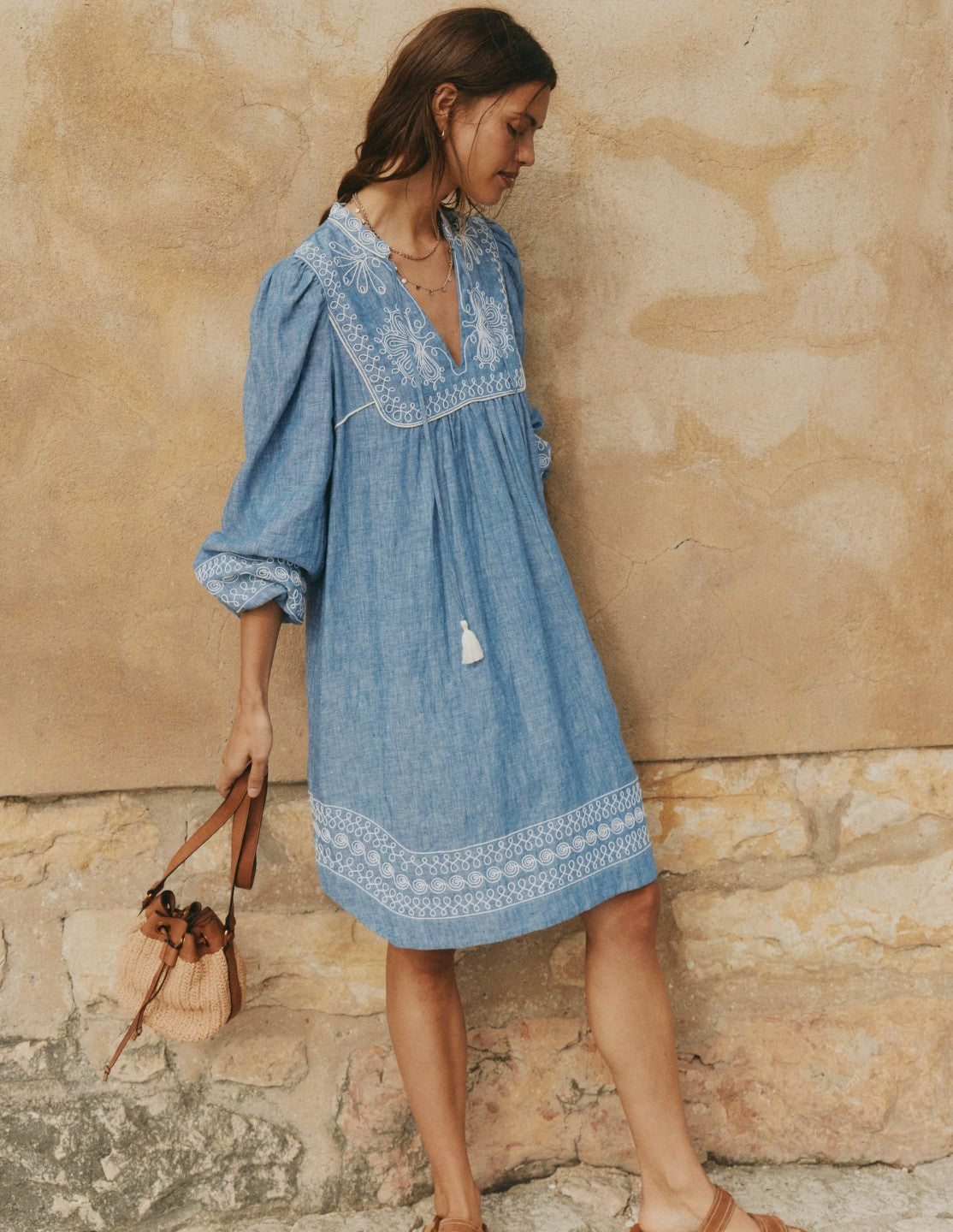 Pia Linen Yoke Tassel Dress-Chambray Embroidery / Boden Discount