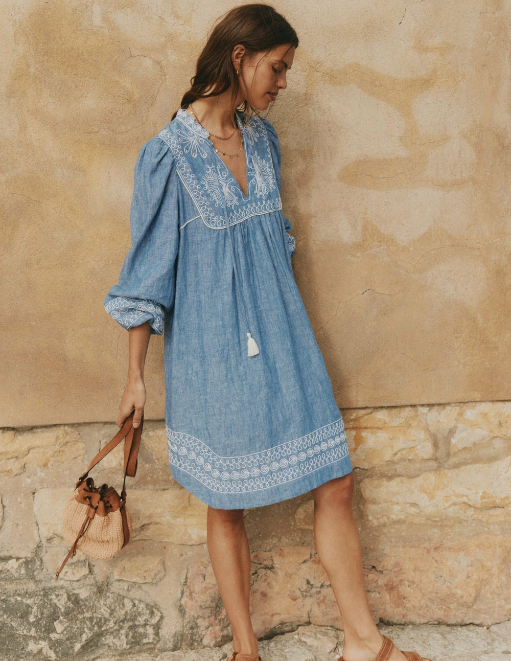 Pia Linen Yoke Tassel Dress-Chambray Embroidery / Boden Discount