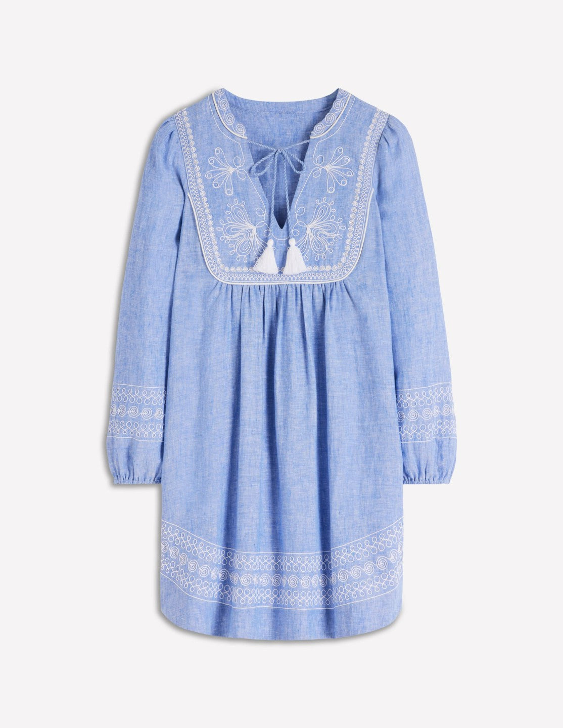 Pia Linen Yoke Tassel Dress-Chambray Embroidery / Boden Discount
