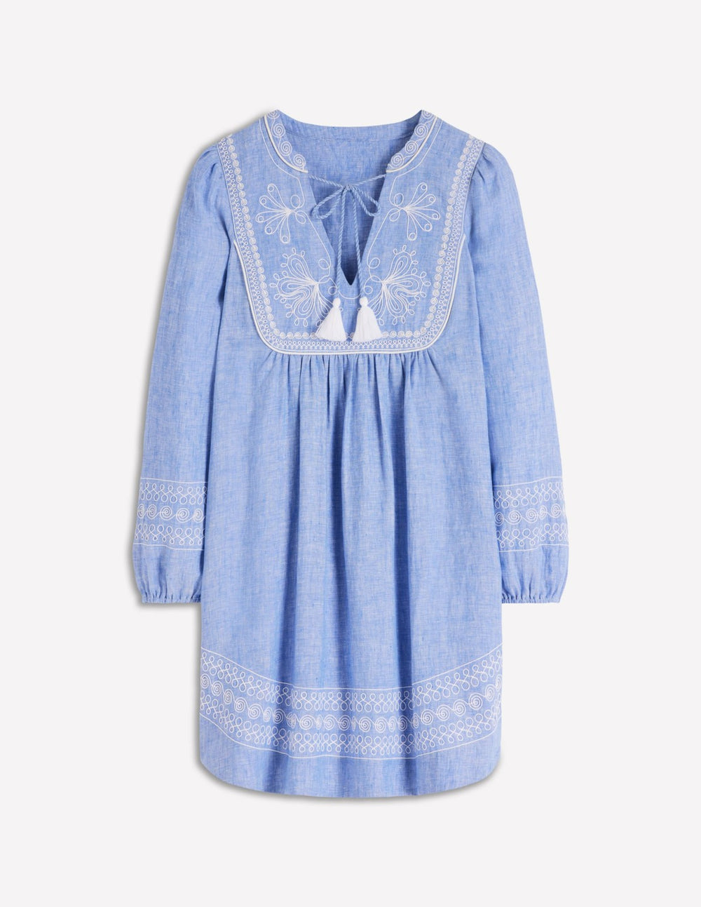 Pia Linen Yoke Tassel Dress-Chambray Embroidery / Boden Discount