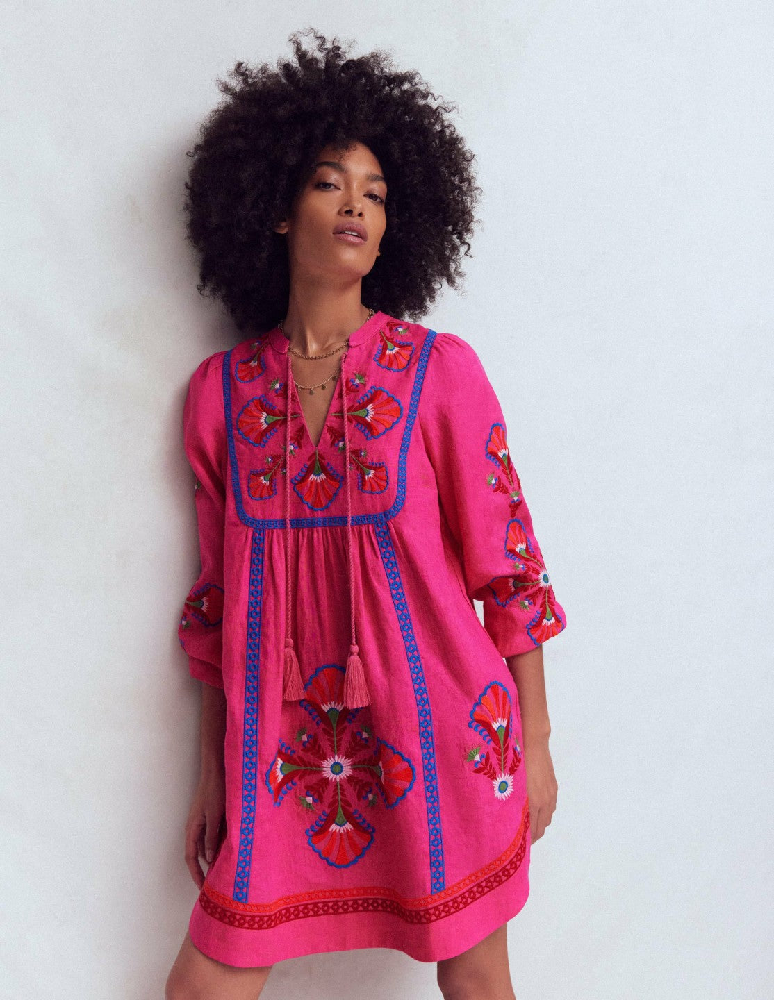 Pia Linen Blend Yoke Dress-Pink Embroidery / Boden us