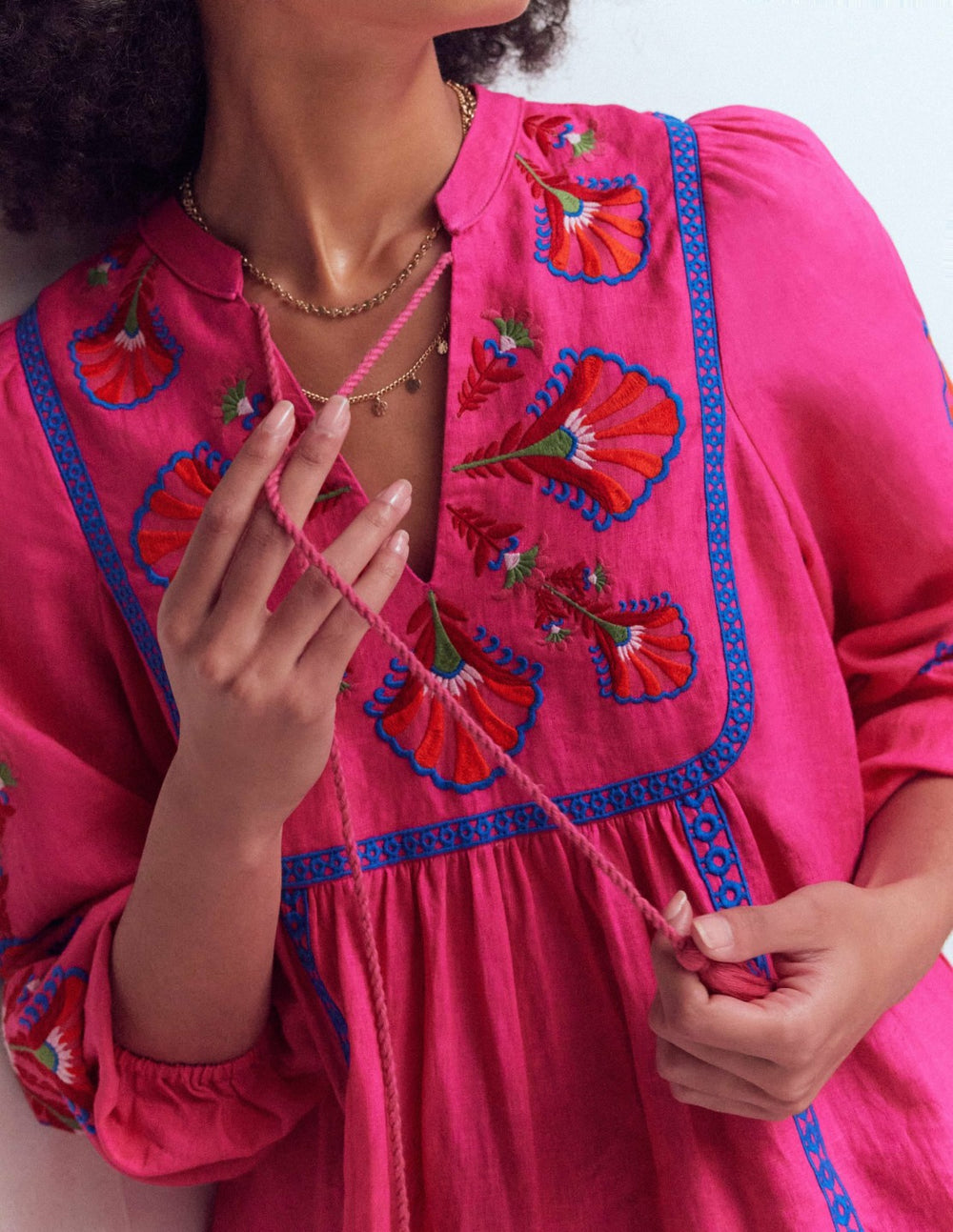 Pia Linen Blend Yoke Dress-Pink Embroidery / Boden us