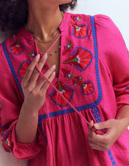 Pia Linen Blend Yoke Dress-Pink Embroidery / Boden us