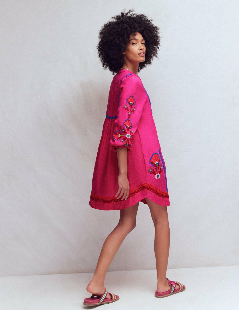 Pia Linen Blend Yoke Dress-Pink Embroidery / Boden us