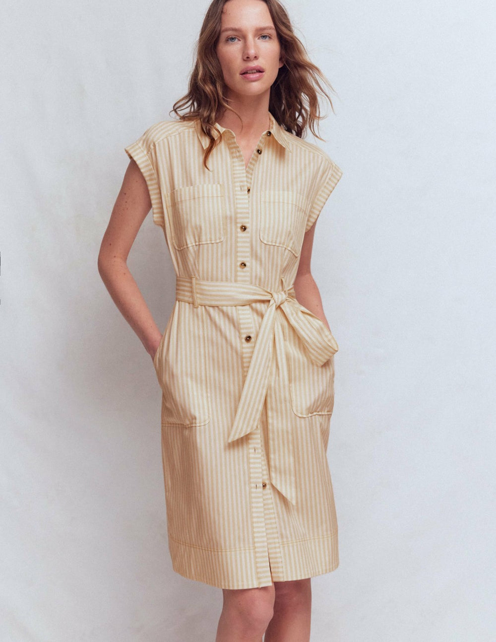 Short Belted Shirt Dress-Brown, Ivory Ticking Stripe / Boden Online