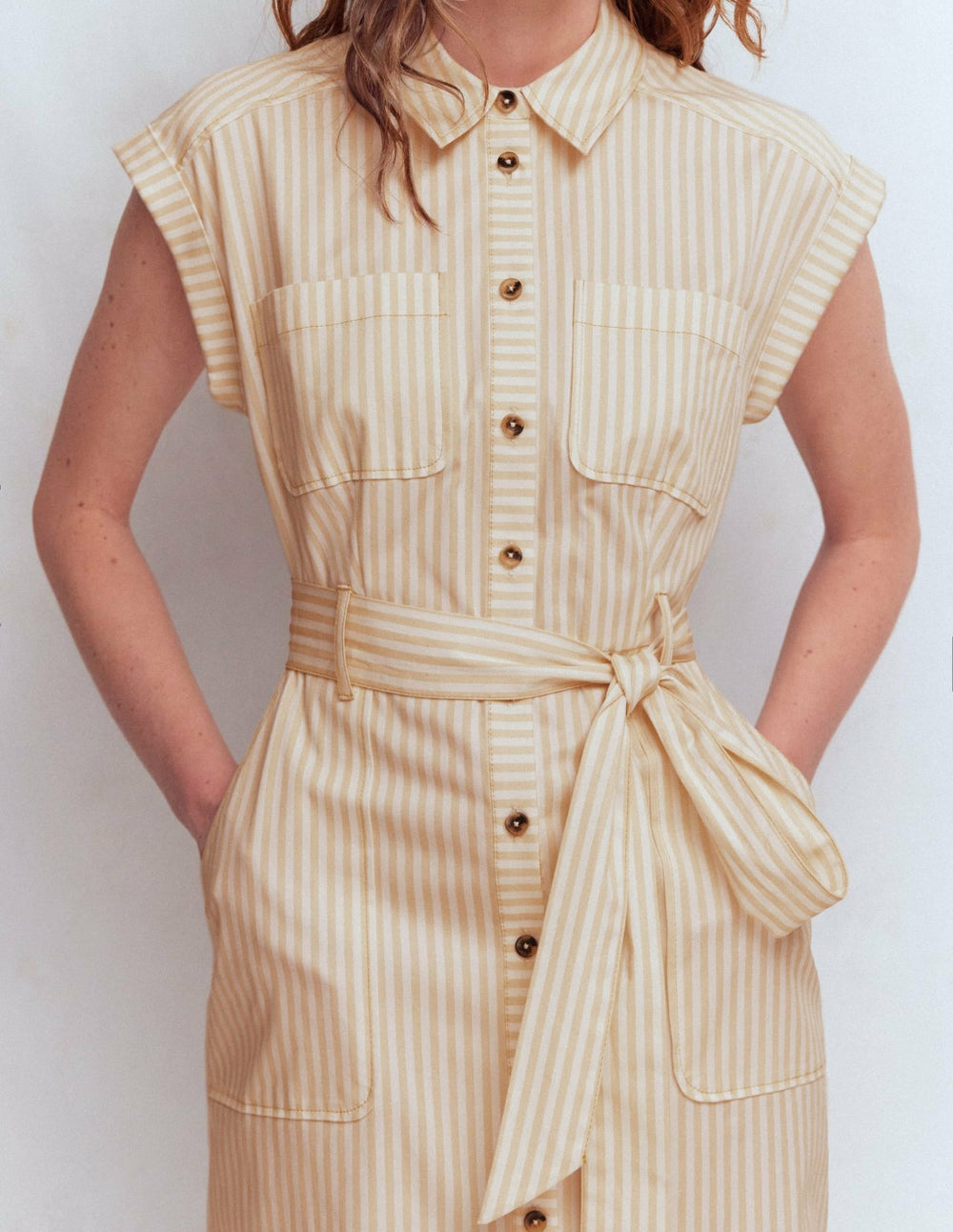 Short Belted Shirt Dress-Brown, Ivory Ticking Stripe / Boden Online