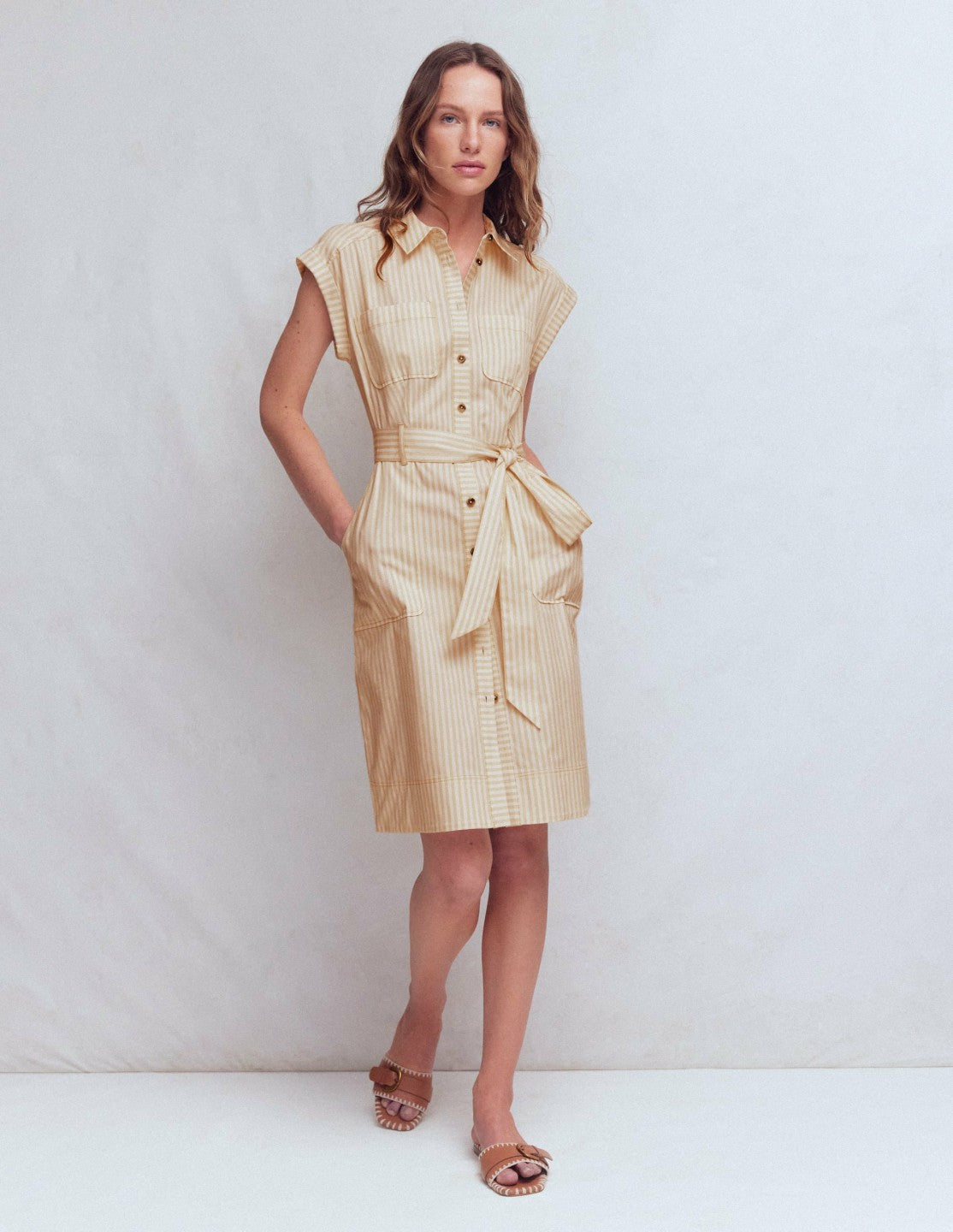 Short Belted Shirt Dress-Brown, Ivory Ticking Stripe / Boden Online