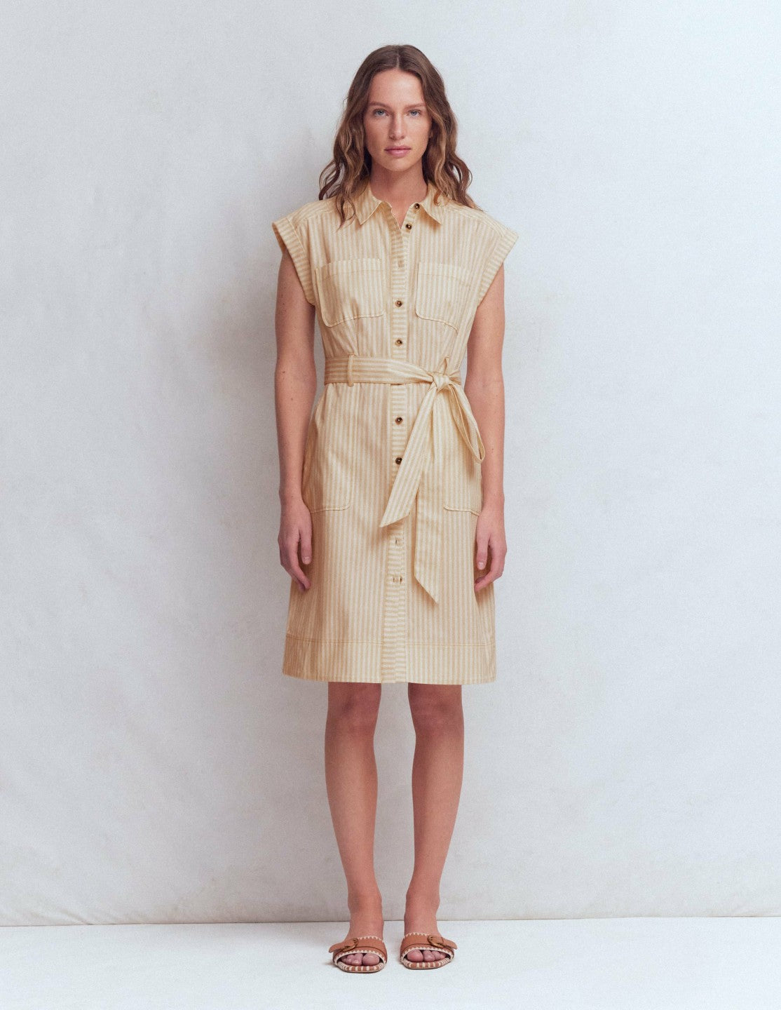Short Belted Shirt Dress-Brown, Ivory Ticking Stripe / Boden Online