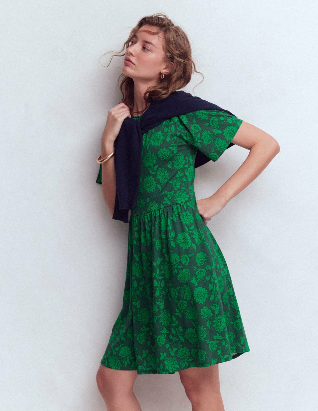 Louisa Short Jersey Dress-Midnight Teal, Floral Frenzy / Boden Sale