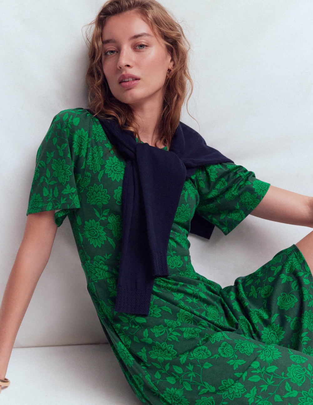 Louisa Short Jersey Dress-Midnight Teal, Floral Frenzy / Boden Sale