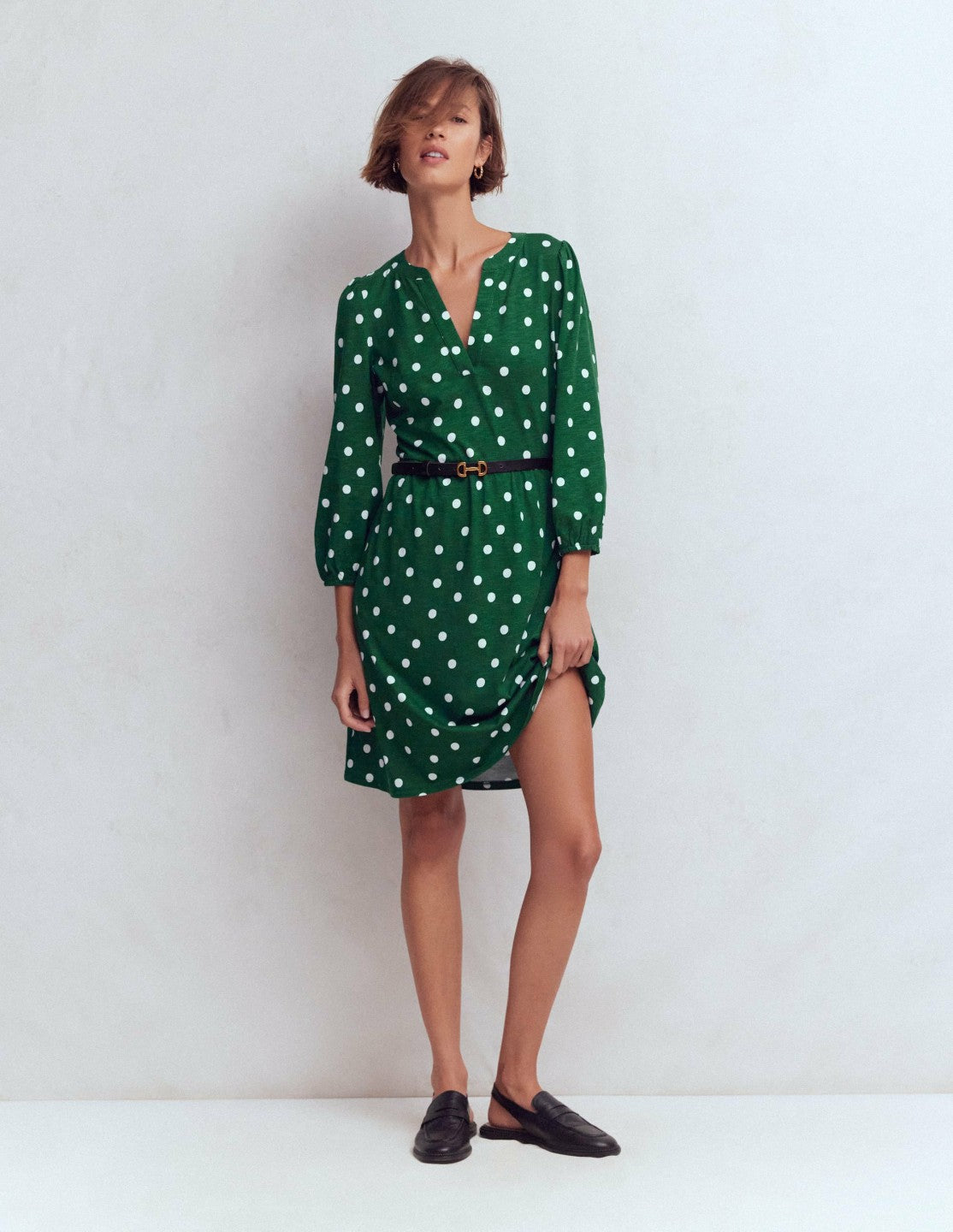 Cathy Notch Neck Jersey Dress-Hunter Green, Painted Dot / Boden Discount