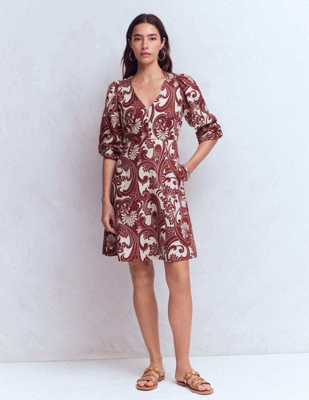 Marla Linen Blend Short Dress-Brown Foliage Whirl / Boden us