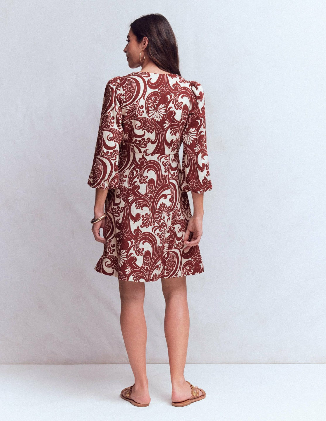 Marla Linen Blend Short Dress-Brown Foliage Whirl / Boden us