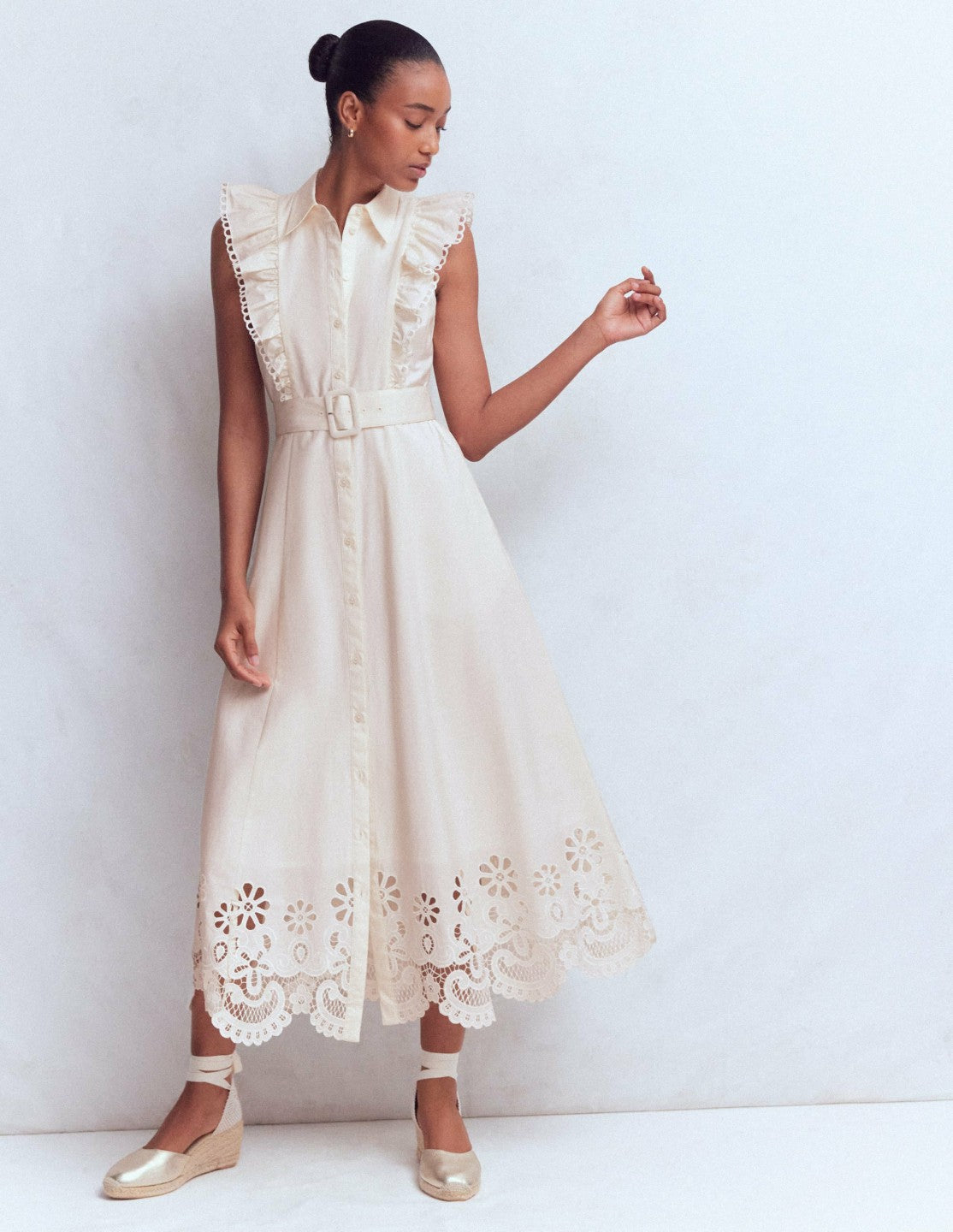 Ruffle Bodice Shirt Dress-White Broderie Trim / Boden