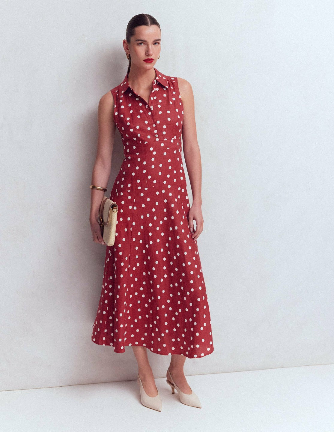 Erma Drop Waist Linen Dress-Red Painted Dot Spaced / Boden Discount