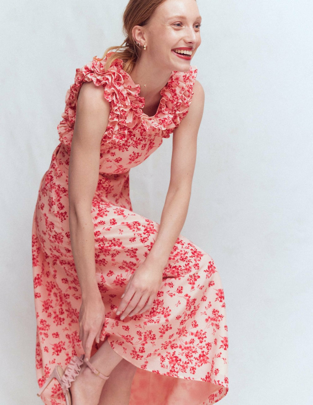 Ruffle Silk Midi Dress-Pink Bloom Scatter Mono / Boden On sale