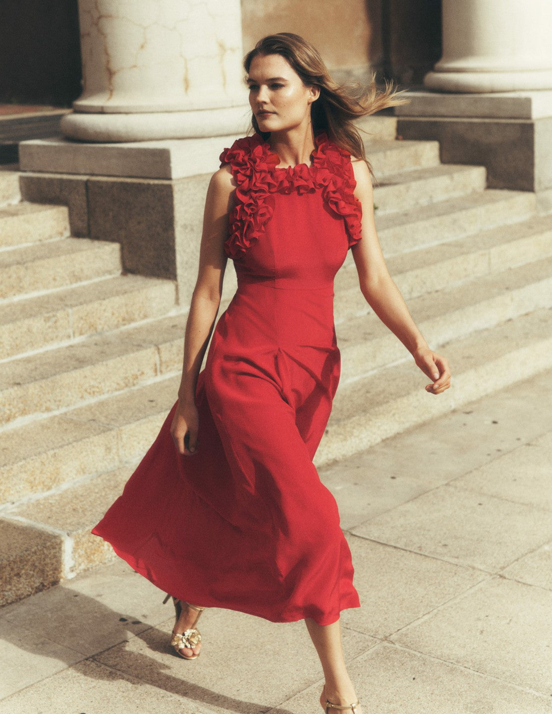 Ruffle Silk Midi Dress-Red / Boden Online