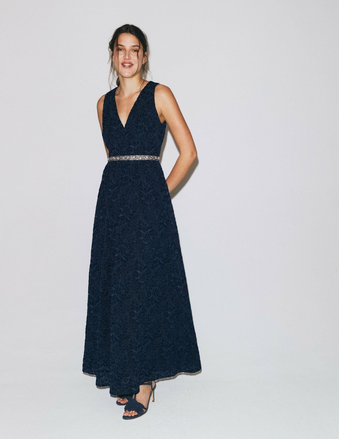 Lace Plunge Neck Panel Dress-Navy / Boden us