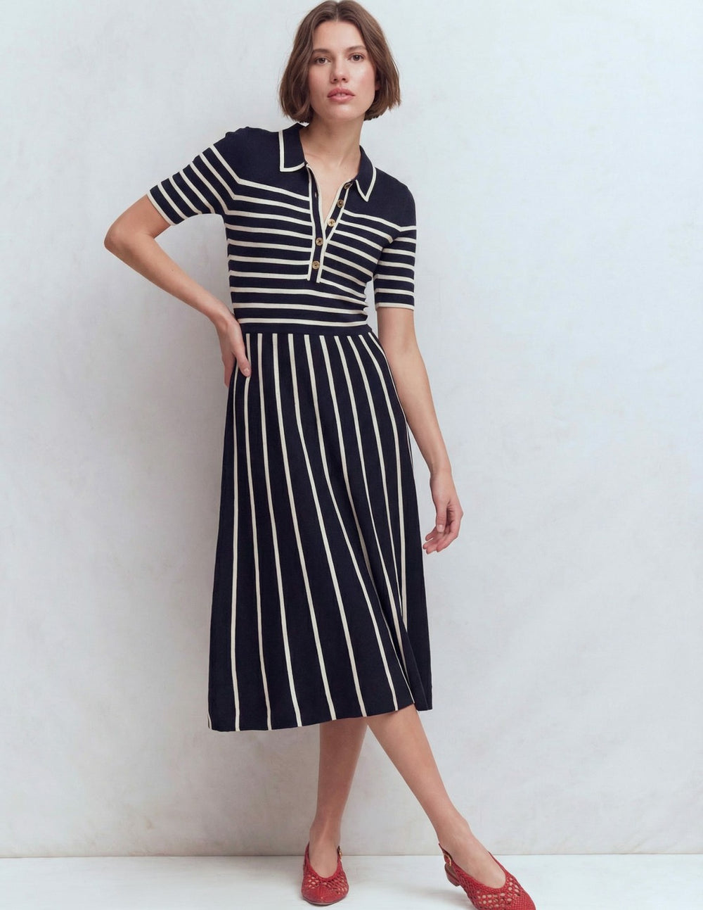 Collared Knitted Midi Dress-French Navy and Ivory Stripe / Boden On sale