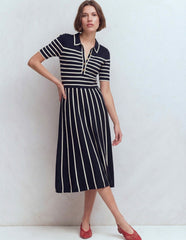Collared Knitted Midi Dress-French Navy and Ivory Stripe / Boden On sale