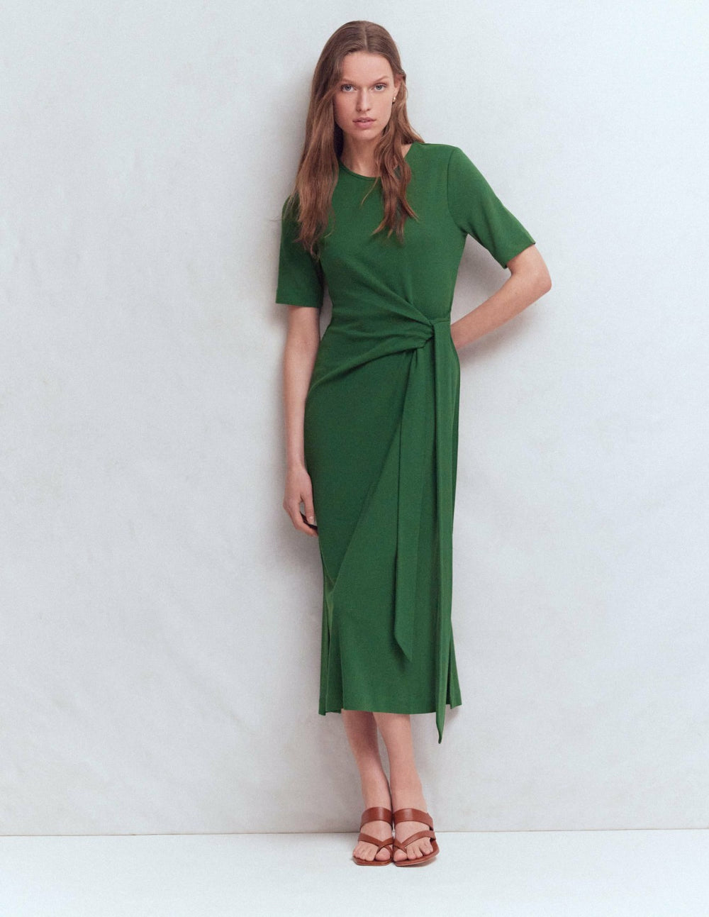 Zinnia Tie Ponte Midi Dress-Dark Green / Boden Outlet