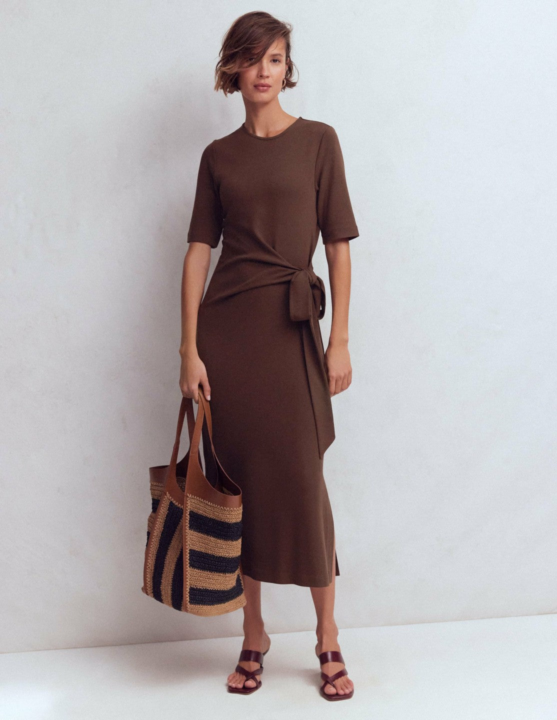 Zinnia Tie Ponte Midi Dress-Espresso / Boden