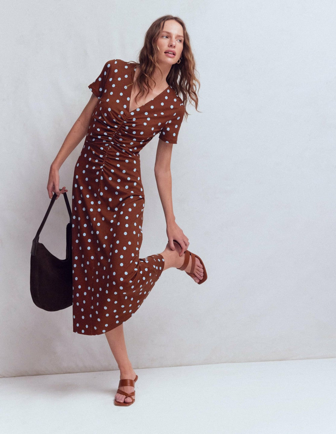 Una Ruched Front Ponte Dress-Raw Umber, Painted Dot / Boden Online