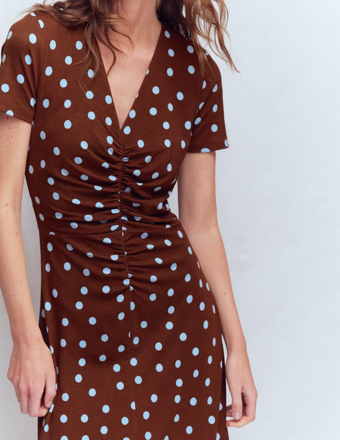 Una Ruched Front Ponte Dress-Raw Umber, Painted Dot / Boden Online